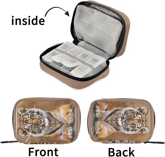 Tiger Travel Pill Organizer with Compartments Lightweight Medicine Storage Bag with Zipper Pocket for Purse Travel Home Use