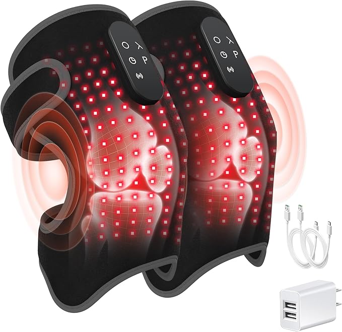 Red Light Therapy & Vibration Massage Knee Brace, 660nm&850nm Near Infrared Light Therapy, Heated Knee Massager for Pain Relief, Heated Knee Wrap for Knee Joint Elbow, Heating Pad, Gift for Men Women