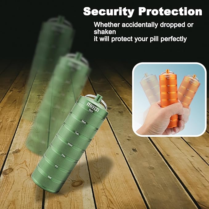 Weekly Metal Pill Organizer for Outdoor Travel, Aluminum, Waterproof, That is Shockproof and Has Large Compartments for Storing Vitamins, Fish Oil, Emergency Pills (Green)
