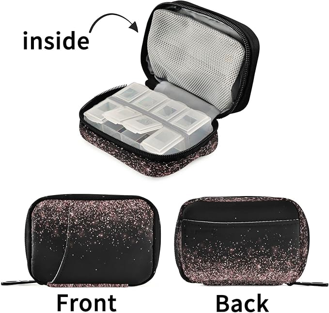 Rose Gold Black Glitter Pill Organizer Case 7 Day Travel Pill Box with Zipper Portable Weekly Vitamin Medicine Supplement Holder Pouch Bag