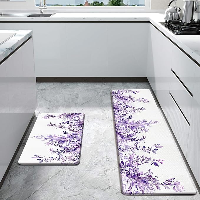 Bulijojo Purple Leaves Anti Fatigue Kitchen Floor Mats Set of 2 Waterproof Kitchen Sink Runner Rug Standing Mat Cushioned Kitchen Rugs Comfort Doormat 17"x47"+17" x30“
