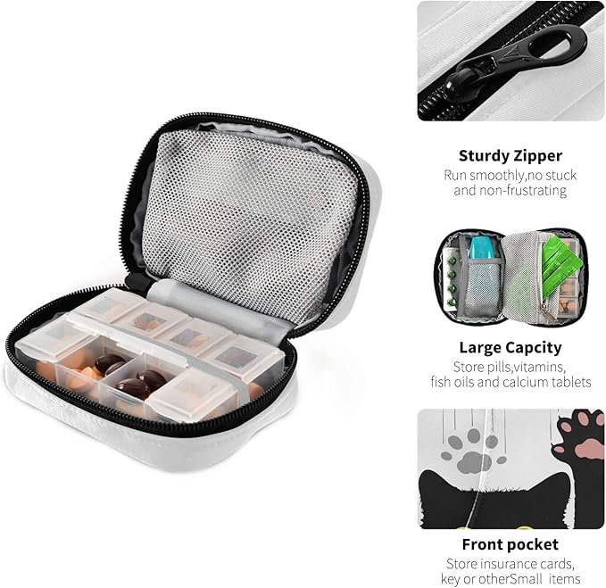 Naanle 7 Day Black Cat Pill Case Bag Travel Pill Organizer with Zipper Portable Weekly Case Compact Size for Vitamin Supplement Holder