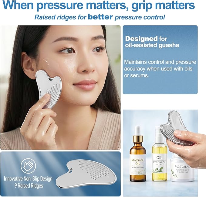 Gua Sha Facial Tools & Face Roller Set, Stainless Steel Facial Massager Tools for Lymphatic Drainage & Face Sculpting, Textured Guasha for Better Grip, Double Chin Reducer, Skincare Gift for Women