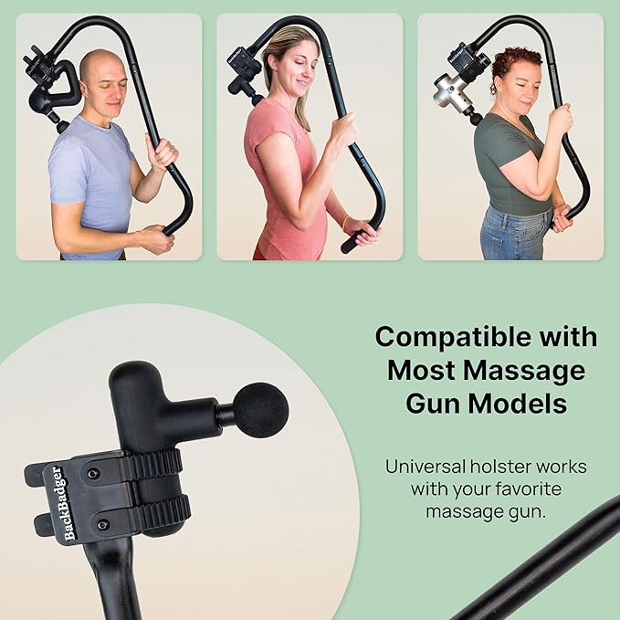 BackBadger Percussive Massage Gun Holder for Back, Compatible with Most Massage Guns, for Hard to Reach Areas - Black
