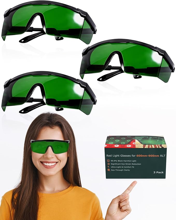 LIGHTMEUP Red Light Therapy Glasses Eye Protection for Infrared & LED Sessions Deep Green Goggles with 200-2000nm Harmful Wavelength Blocking, Maintain Visibility Full-Coverage Adjustable Leg 3 Pairs