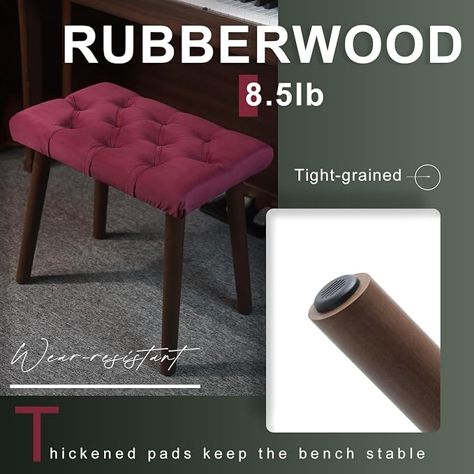 AKLOT Velvet Upholstered Piano Bench: Rubberwood Legs with 300-Pound Load Capacity, Ergonomically Set Seat Height, Easy Assembly, Purpose Keyboard Stool for Vanity, Bedroom and Living Room (Wine Red)