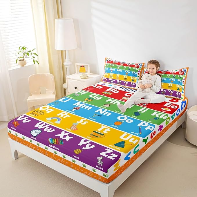 ABC Alphabet Bed Sheet Set Full Size, Learning Alphabet Fitted Sheet Kids Toddler Educational Bedding Set Word Educational Bed Cover (2 Pillow Cases and a Fitted Sheet)