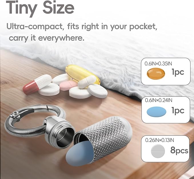Small Pill Case, Titanium Keychain Pill Holder, Mini Pill Case for Travel, Small Metal Pill Organizer, Portable & Waterproof Mini Pill Holder with Keyring- Tiny