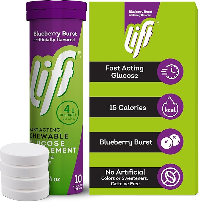 Lift Glucose Fast-Acting Glucose Chewable Energy Tablets, Blueberry, 10 ct Tube (Pack of 12)