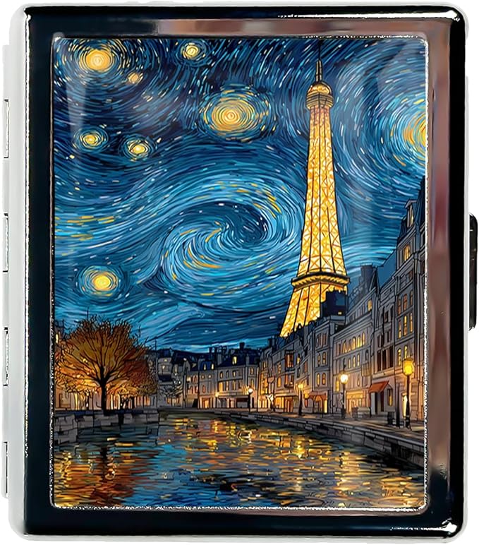 Metal Pill Organizer Box with Mirror – 8 Compartment Chrome Pill Case, Pocket-Size Travel Pill Container for Vitamins, Seniors, Daily Use (Starry Night Over Paris)
