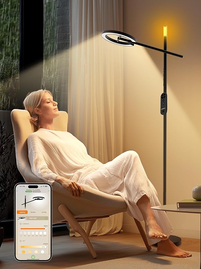 GLOWRIUM Smart Light Therapy Lamp, 10000 Lux UV-Free Sun Lamp, 2700-6500K Floor Lamp Therapy Light, Stepless Dimmable Energy Sunlight with App & Remote, Timer, Cozy Light Settings for Winding Down