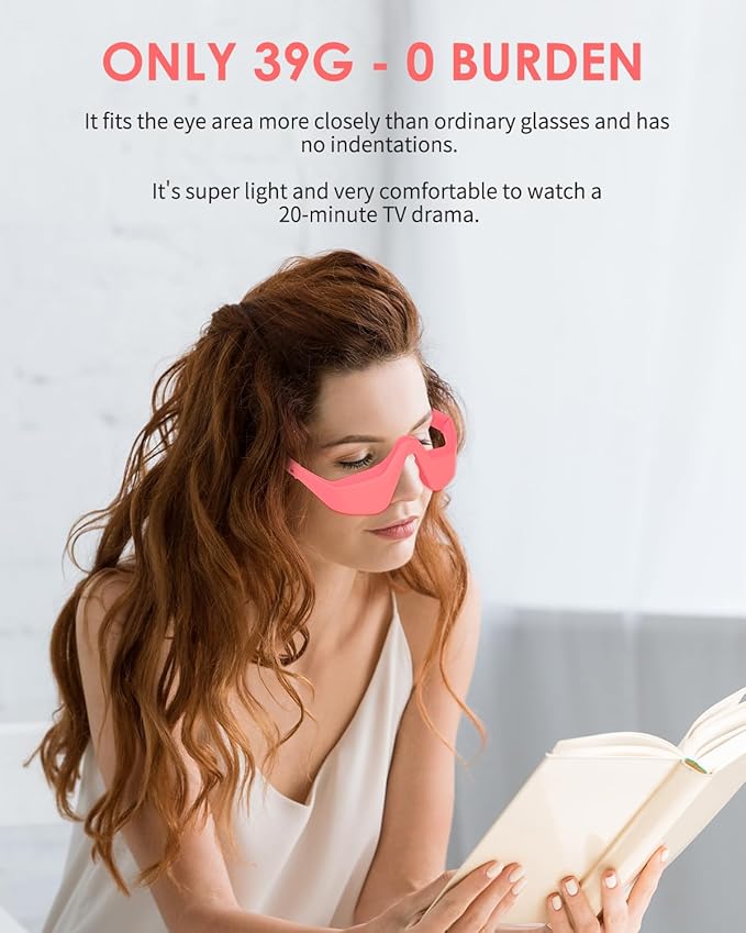 UTK Under Eye Red Light Therapy Device, 630nm Red Light Glasses for Eye Bags, Dark Circles, Puffiness, Rechargeable & 39g Ultra-Light, Gift for Women (Pink)