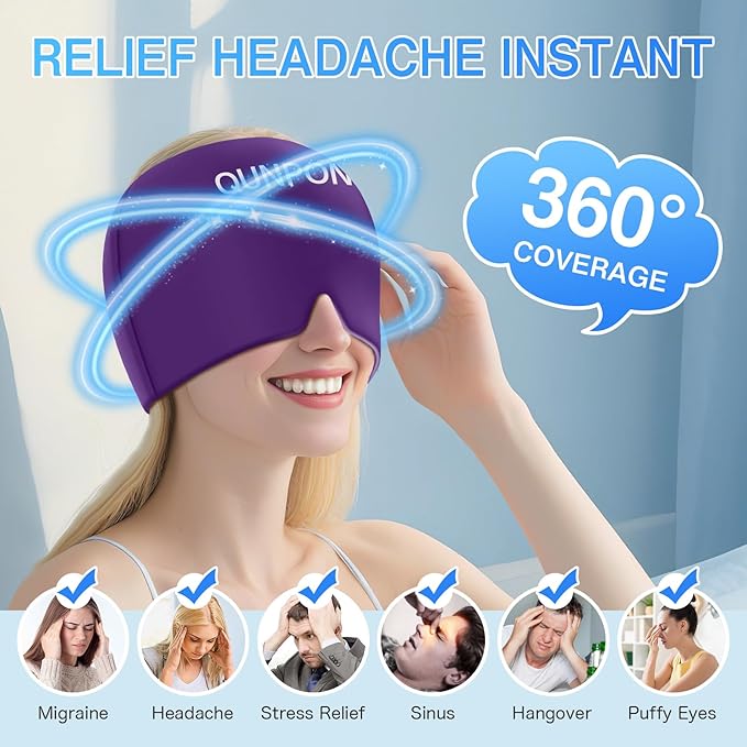 Valentines Day Migraine Relief Cap Gifts for Her Him,Headache Relief Cap Ice Pack Mask,Cold Eye Face Hat Cooling Gel Head Wrap for Tension,Stress,Hangover Gifts for Women Men Mom-Purple
