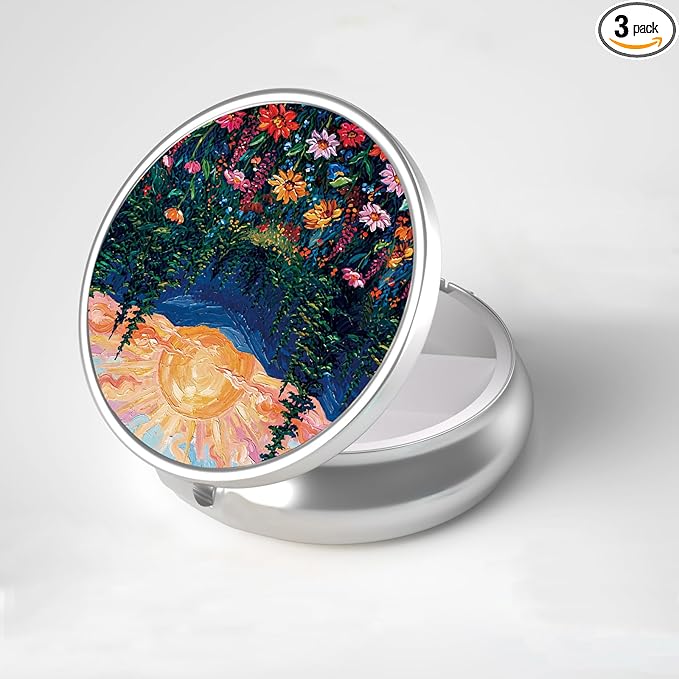 LRITER Pill Case, Portable Travel Pill Box, Pillbox Organizer, Cute Small Medicine Storage Container, Purse Accessories for Women, Men (Sunrise Forest)