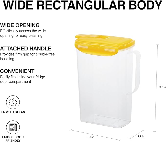LocknLock Aqua Fridge Door Water Jug with Handle BPA Free Plastic Pitcher with Flip Top Lid Perfect for Making Teas and Juices, 2 Quarts, Yellow