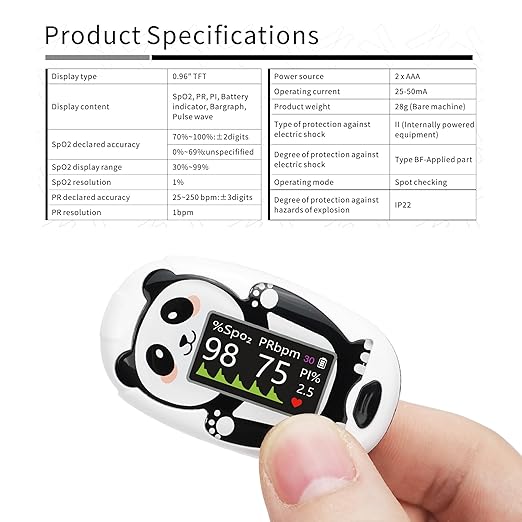 Panda Pediatric Pulse Oximeter for Kids (2+), Children Oxygen Monitor Fingertip with 20 × Memory, Blood Oxygen Saturation Monitor with Alarm, Batteries and Lanyard