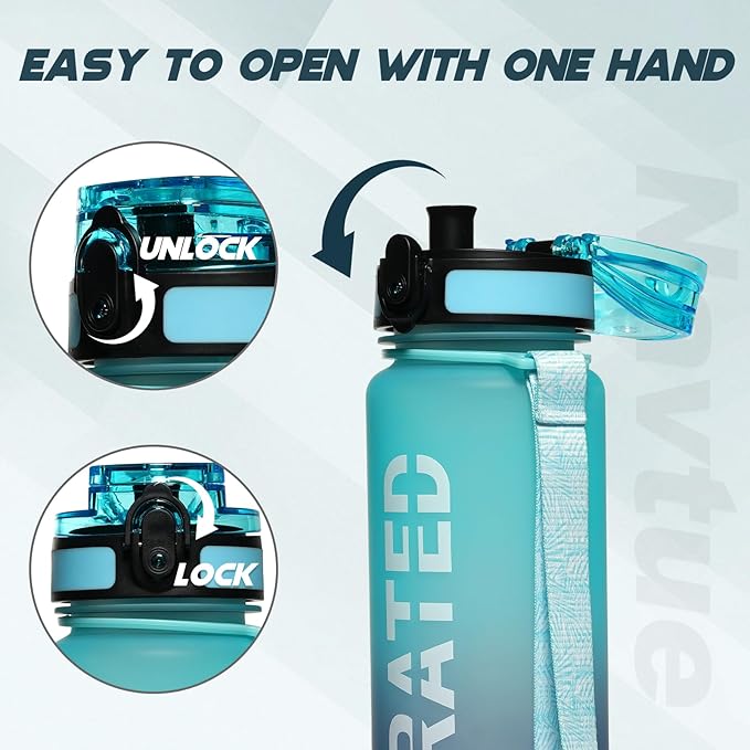 Water Bottle, 32 oz Sports Water Bottles with Time Marker Wide Mouth, Motivational and Leakproof Drink Bottle, BPA Free Tritan with Carry Strap for Gym Fitness Outdoor(1 Bottle)