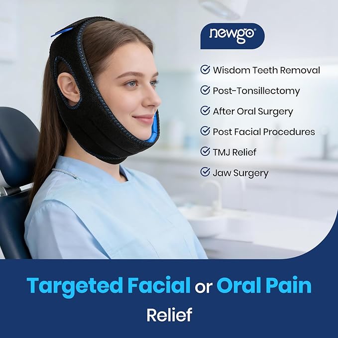 NEWGO Wisdom Teeth Pain Relief Ice Pack for Face Oral Surgery Recovery, Long Lasting Cold Face Wrap with Face Contoured Design for TMJ Relief, Tooth Extraction, Jaw Discomfort