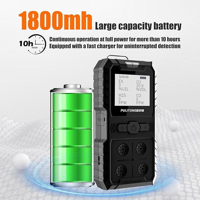 Portable 4 Gas Monitor Multi Gas Detector，Portable Gas Detector Rechargeable 4 Gas Monitor Ex H2s Co O2 with LCD Display Sound Light Shock confined Space air Monitor (Black)