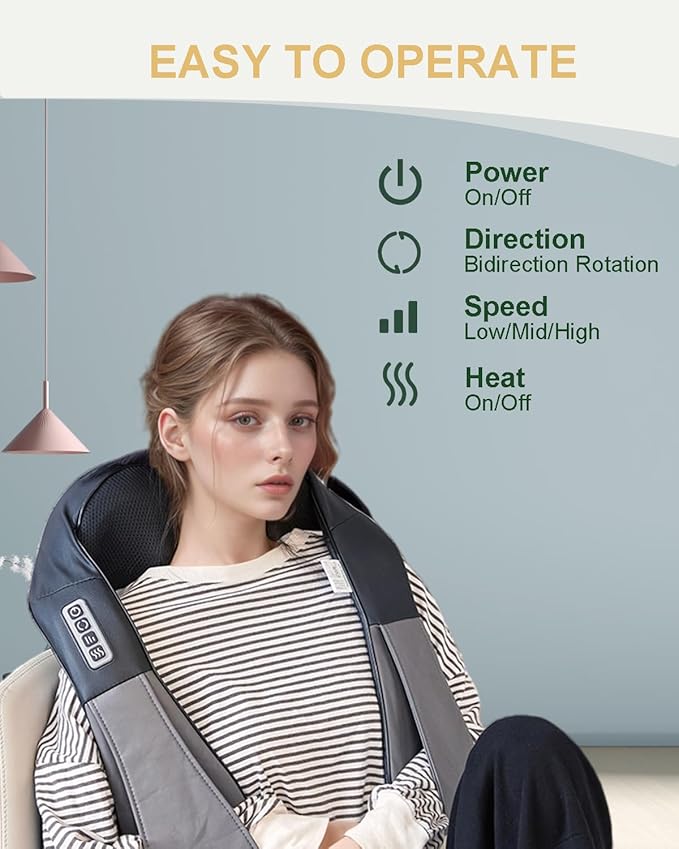 Neck Massager with Heat, Shiatsu Shoulder and Back Massager, Electric Kneading Back Massager, Massage Pillow for Deep Tissue, Birthday Day Gifts for Husband, Wife, Dad, Mom, Women & Man