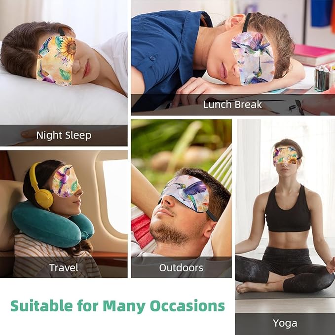 2 Pack Sleep Eye Mask for Women Men, Soft Breathable Eye Cove No Pressure Blackout Night Blindfold for Sleeping Light Blocking with Adjustable Strap, Hummingbirds Sunflower Butterfly