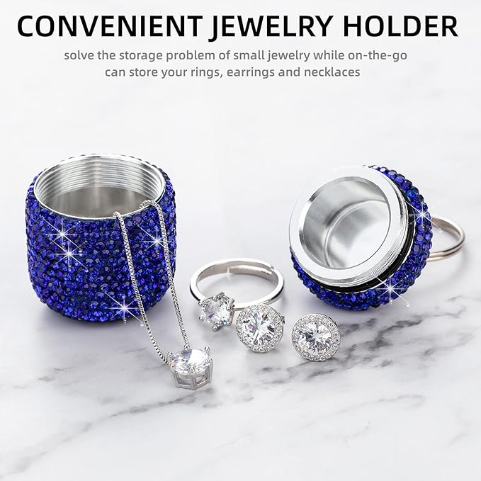 Rhinestone Pill Box Bling Pill Holder Keychian Aluminum Pill Container Mini Cylinder Pill Case Organizer for Purse Keychain Pill Bottle Vitamin Medicine Tracker (Blue)