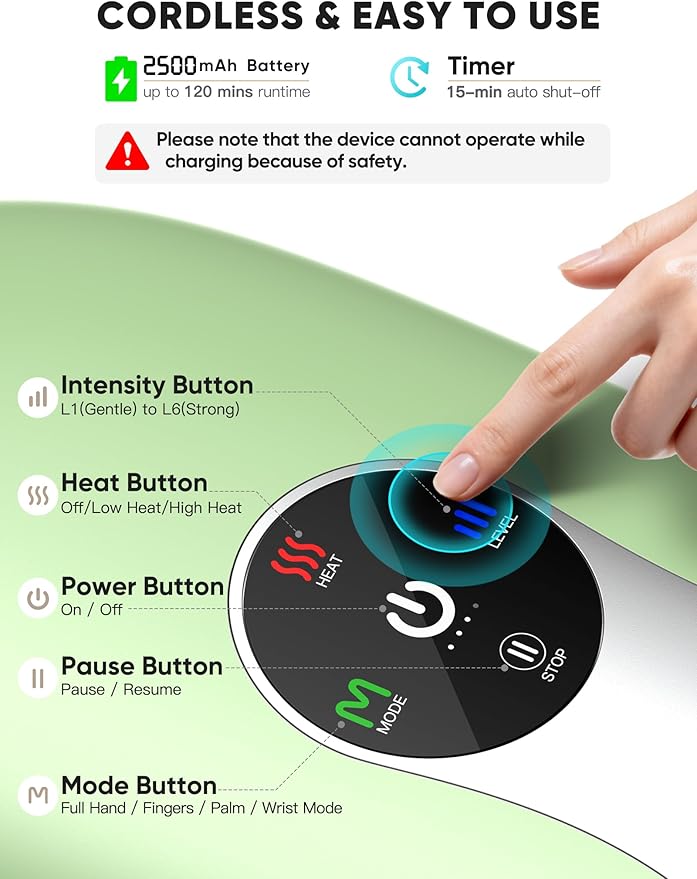 Hand Massager with Heat and Compression : Cordless Heated Hand and Wrist Massager for Palm, Fingers, and Comfort Relief – 4 Modes 6 Intensities, Portable Rechargeable, Wife Husband (Green)