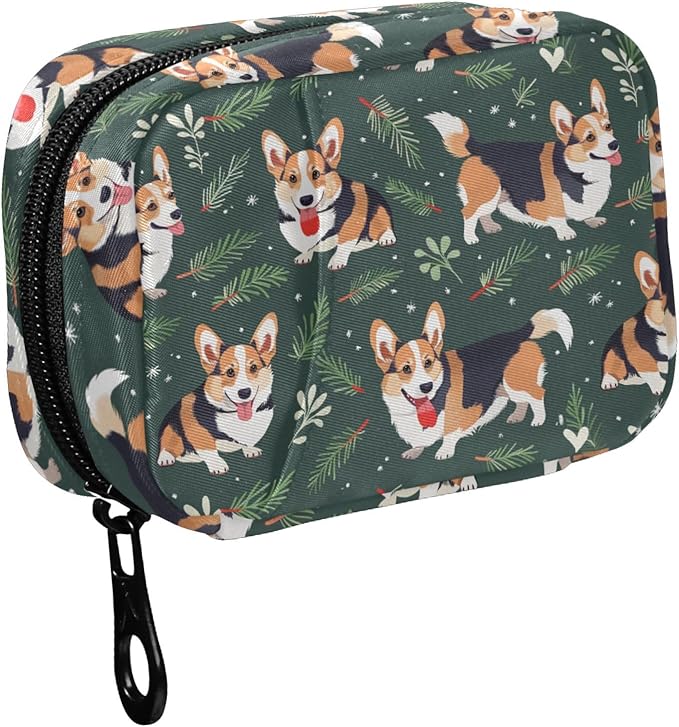 Fustylead Cute Welsh Corgi and Pine Cypress Leaves Pill Organizers 2 Times A Day Pill Case Bag with Zipper Portable Weekly Pill Dispensers for Vitamin Supplement