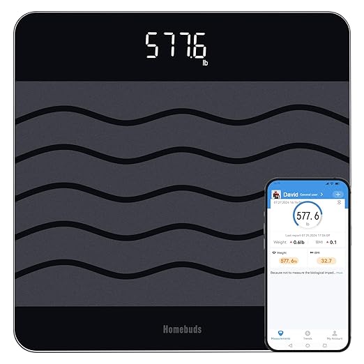 Homebuds 600lb Scale for Body Weight, Precision 0.1lb by Our Professional Factory Since 2001, Digital Weight Scale and BMI Via Smart APP, 8mm Non Slip Tempered Glass 12.4 * 12.4in, LED, Black