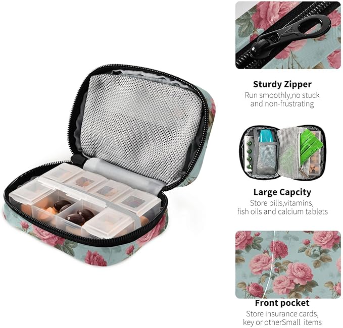 Pink Flower Zipper Travel Medicine Bag Vintage Large Capacity Pill Storage Bag Unisex Printed Pill Organizer for Medicine Vitamin