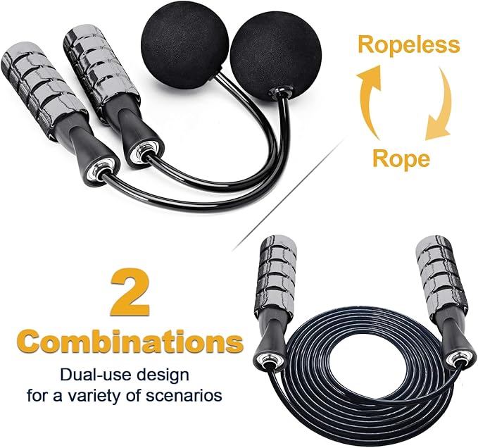 2 in 1 Jump Rope for Women Men and Kids - Tangle-Free Cordless Skipping Jump Rope with Ball Bearings and Foam Handles for Rapid Speed Fitness Workouts