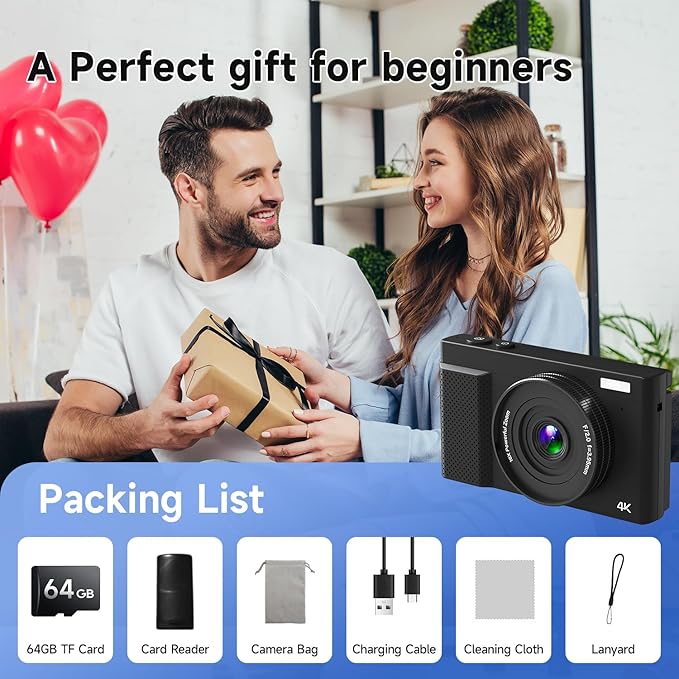 4K Digital Camera for Photography, 64MP Vlogging Video Camera for YouTube with 3'' 180°Flip Screen, 64GB Micro SD Card, 16x Digital Zoom Point Shoot Compact Travel Vintage Cameras (Black)