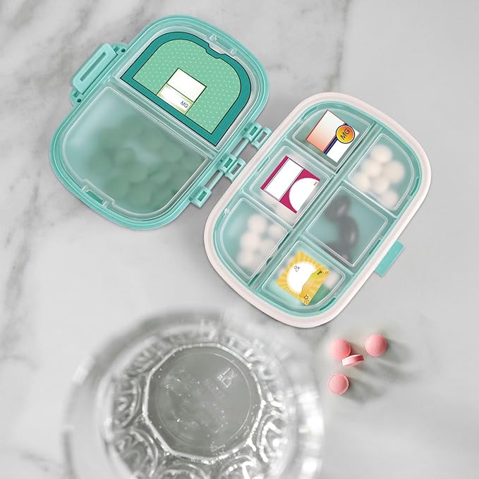 1Pack Travel Pill Organizer & 56 Medicine Name Stickers, 8 Compartments Portable Pill Case, Small Pill Box for Pocket Purse Portable Medicine Vitamin Container with Stickers (Blue with Stickers)