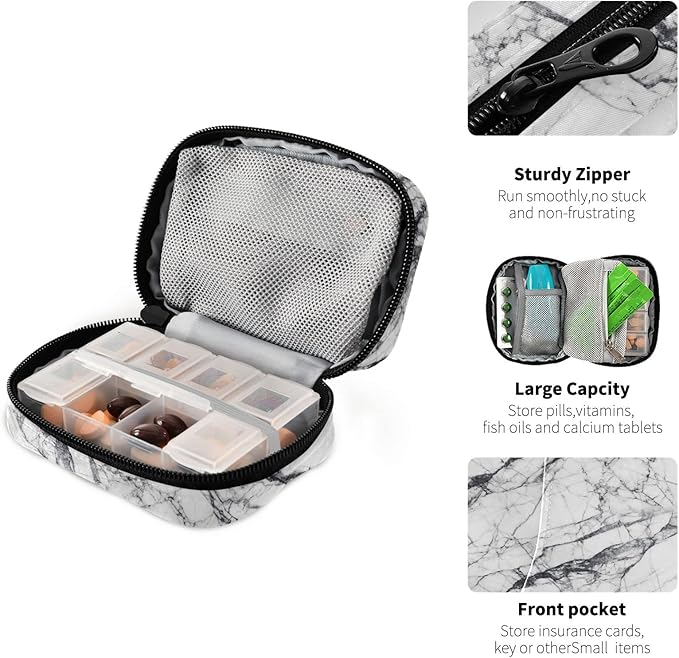 Ollabaky Marble Pill Case, Portable Weekly Pill Box Bag Container 7 Days Pill Organizer Vitamin Supplement Holder with Zipper for Travel Family Business Gym
