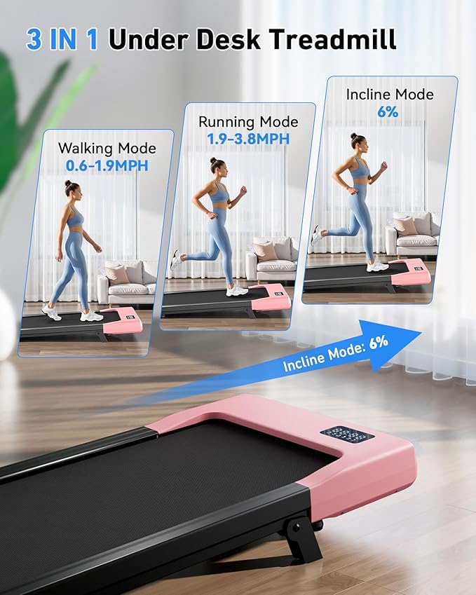 DeerRun Walking Pad Under Desk Treadmill with Incline, Quiet & Space-Saving Design for Home Office, 300 lbs Capacity, 0.6-3.8 MPH, App & Remote Control