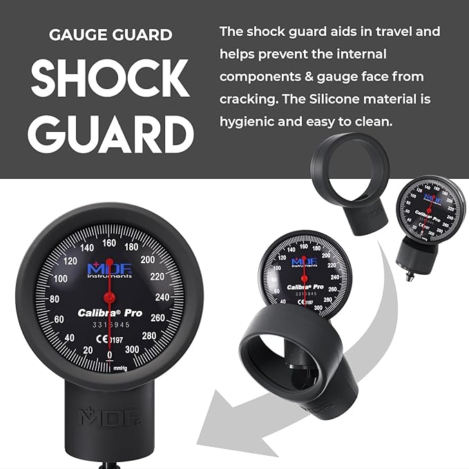 MDF Instruments, Extra Large Gauge Calibra Pro Aneroid Sphygmomanometer with Shock Guard & Adult Sized Cuff Included, Lifetime Calibration, Black Dial, Black Cuff, MDF808B11