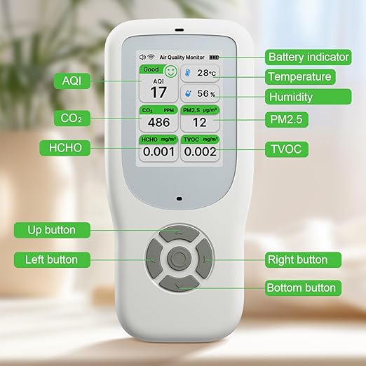 Air Quality Monitor Indoor 9 in 1, Portable Air Quality Tester for PM1.0, PM2.5, PM10, CO2, TVOC, HCHO, AQI, Temperature and Humidity with Alert for Home Office School