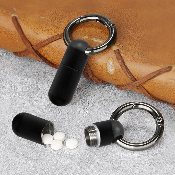 Keychain Pill Holder Mini - Titanium,Pill Case Travel Waterproof, Portable Tiny Pill Organizer for Camping and Hiking Outdoor Pill Box (Black)