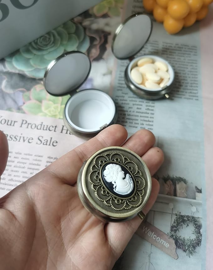 Bronze Pill Organizer, Portable Medicine Box for Pocket or Purse, Decorative Metal Vitamin Holder, Classical Small Pill Container, Unique Creative Gift for Women