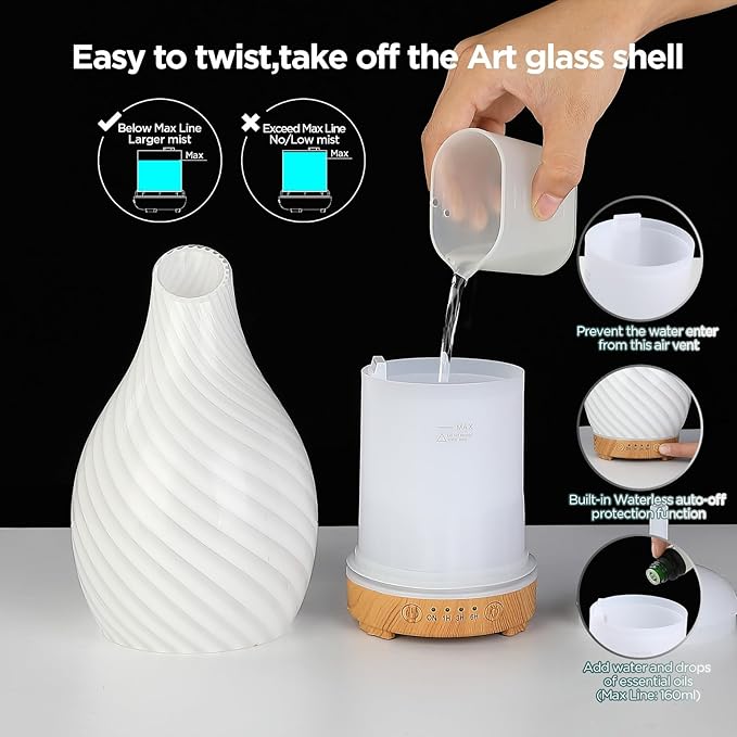 Art Glass Essential Oil Diffuser - 160ml Ultrasonic Cool Mist Scent Aroma Aromatherapy Diffuser, Intermittent with Auto Shut-Off Timer Setting &7 Colors Night Light for Home -Ethereal Time