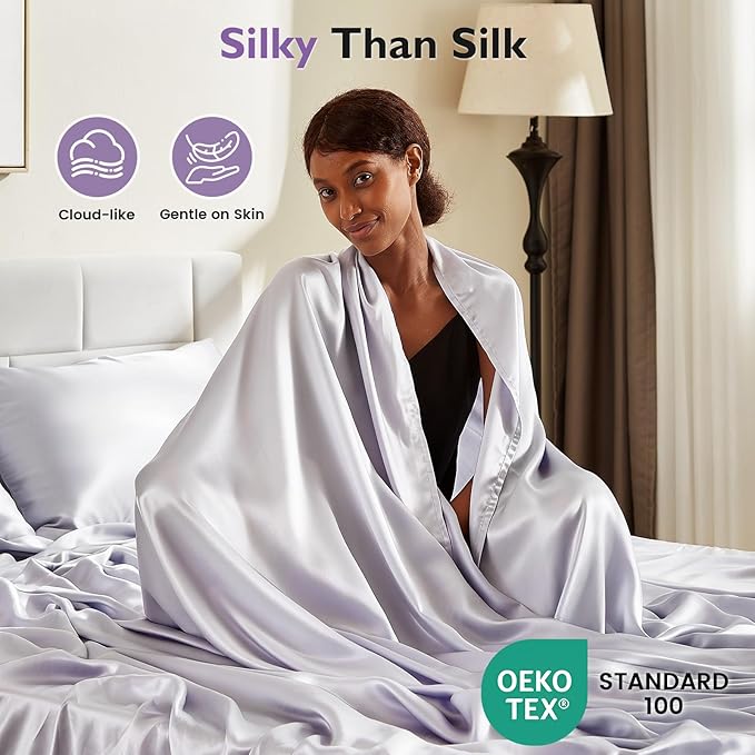 Silver Infused Bed Sheets Set, Cooling Bamboo Viscose Sheets Self-Cleaning with Silk, Softness Breathable Temperature-Regulating Bedding, Odor Control Freshness Sleep for Hot Sleepers - Twinxl Set