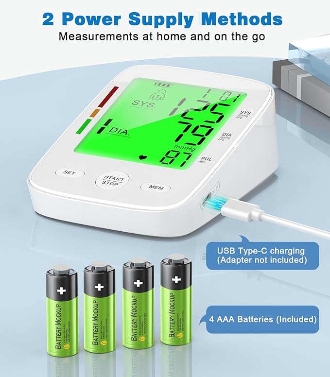 Automatic Upper Arm Blood Pressure Monitor for Home Use, 2x199 Memory, Large LCD Backlit Screen, Adjustable Cuff (9-17 Inches), Portable with USB & Battery Power, Blood Pressure Monitors for Home use