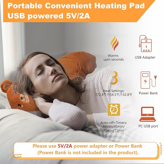 Electric Heating Pad for Period Cramps Pain Relief Menstrual USB Powered Cuddly Stuffed Animal Portable Cute Soft 14" Adorable Bear Neck Shoulder/Back Pain Relief Gift for Women and Kids (M)