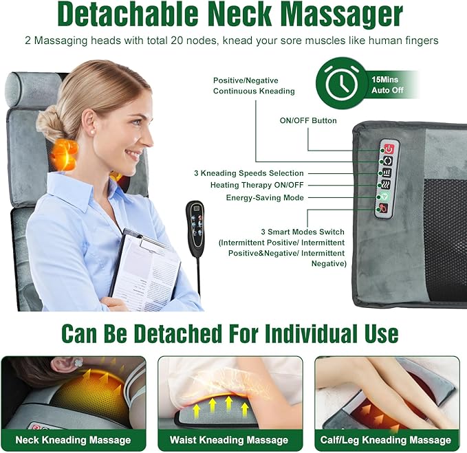 Full Body Massage Mat with Heat, Vibration Massage Pad with Detachable Shiatsu Neck Massager & Foot Massager, Inflatable Head Pillow and Lumbar Pillow, 10 Vibration Motors 3 Timers for Home Use