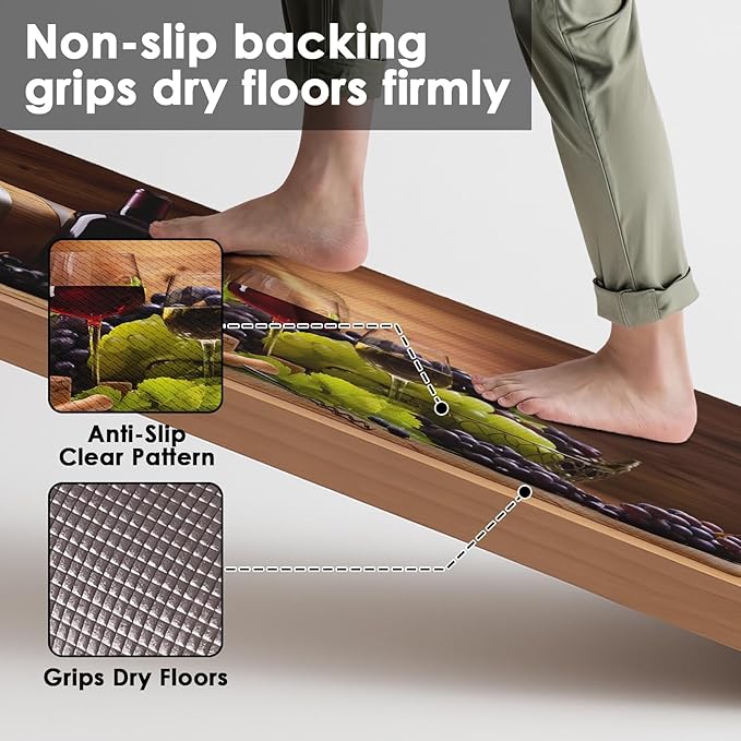 Anti-Fatigue Wine Kitchen Rug Set of 2 Cushioned Grape Kitchen Mats for Floor, Retro Standing Mat Waterproof Non-Slip Kitchen Mats and Rugs PVC Ergonomic Comfort Foam Decor for Kitchen