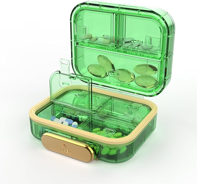 Travel Pill Organizer, Waterproof Weekly Pill Box 7 Day, Portable Container for Purse Pocket, Removable Compartments Daily Supplements Case, Airtight Storage for Outdoor (Green)