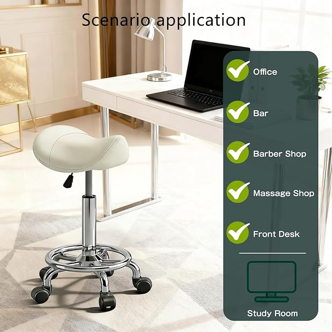 Saddle Stool with Wheels, Adjustable Rolling Stool Chair with Back Support, Ergonomic PU Leather Saddle Chair for Salon, Massage, Tattoo, Medical, Spa, Office (White, 1PCS)