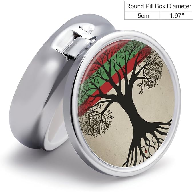 Tree of Life Palestinian Flag Pill Box Travel Pill Case for Purse Pocket Weekly Medicine Organizer with Mirror 3 Compartment Round Medicine Case Portable PillcaseHolder for Daily