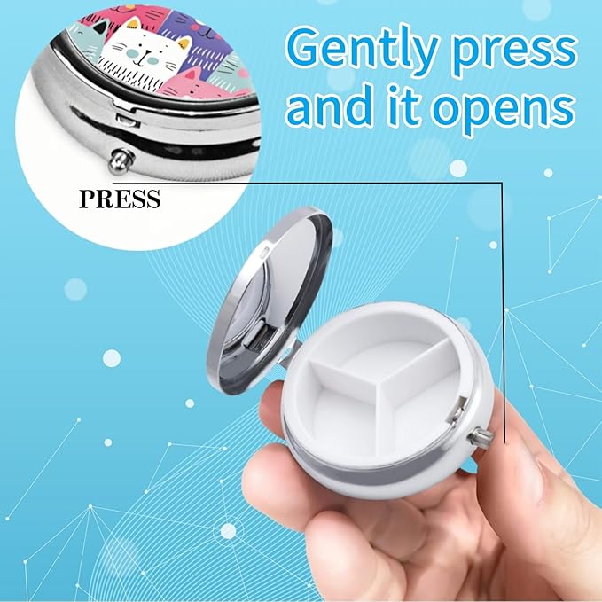 3 Compartment Travel Pill Case, Sealed Portable Pill Container Mini Size Metal Pill Box for Pocket Purse, Three Times a Day Pill Organizer for Men, Women and Children - Colorful Cat Family