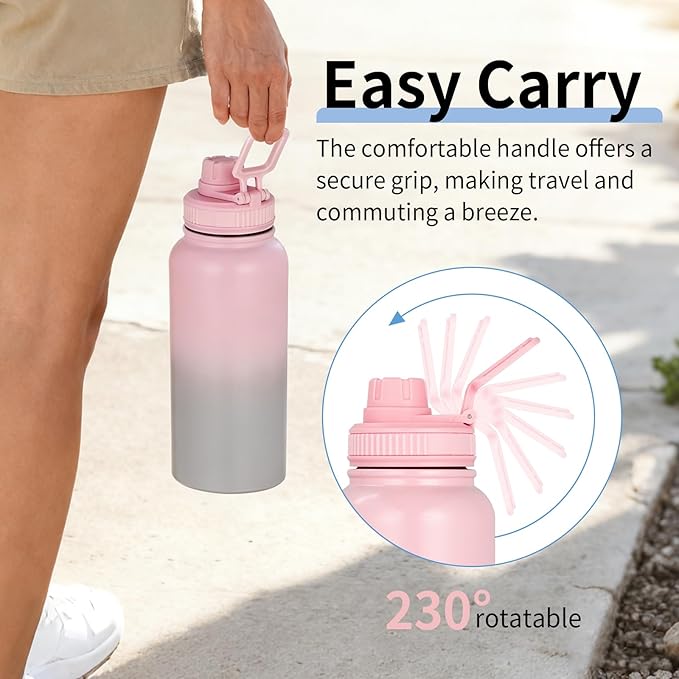 Water Bottle 32oz - Leakproof & BPA Free Sports Water Bottle Carry Strap for Gym, Travel and Outdoor Sports (Stainless steel insulation-Pink)